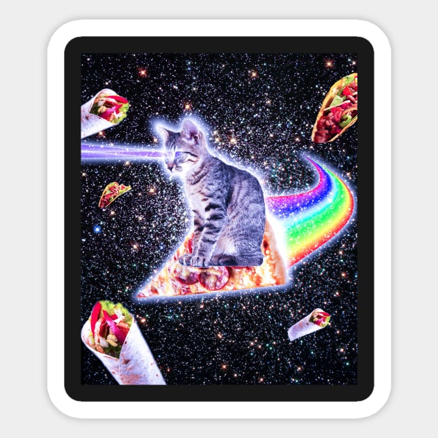 Laser Eyes Space Cat Riding Rainbow Pizza Sticker by Random Galaxy